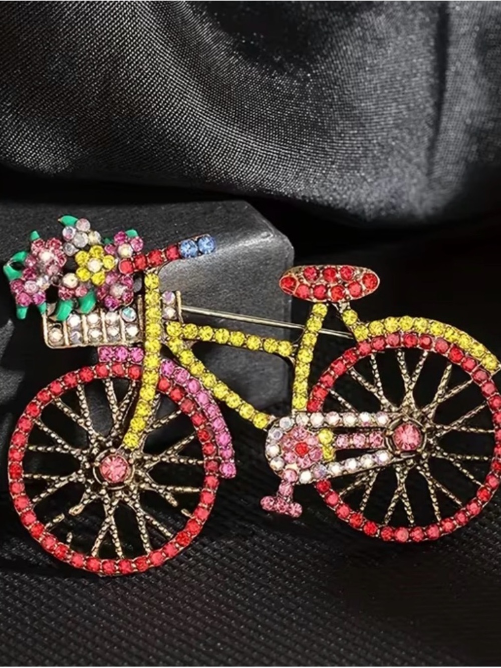Colorful Crystal Bicycle Brooch - Yellow & Pink Rhinestone Pin